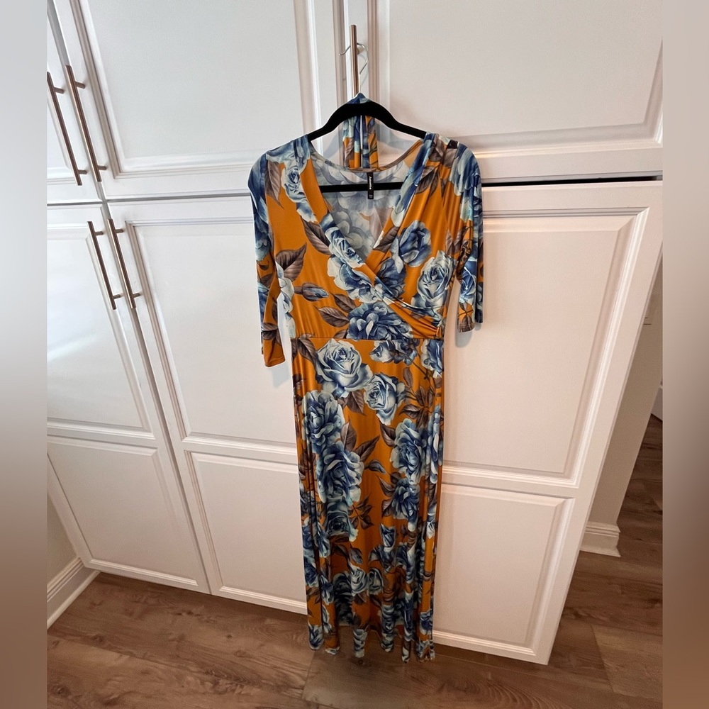 Floral Wrap Maxi Dress - Mustard Yellow with Blue Floral